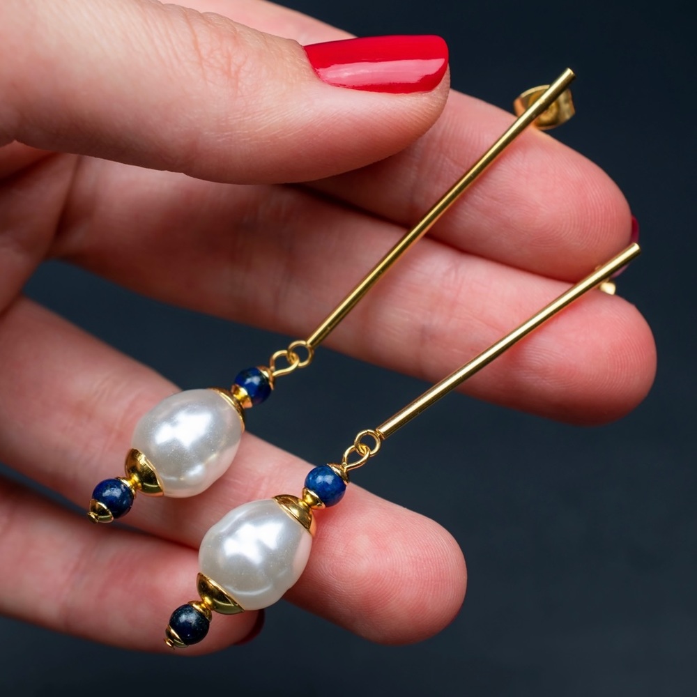Simple pearl dangle earrings gold, long elegant single pearl bar earrings